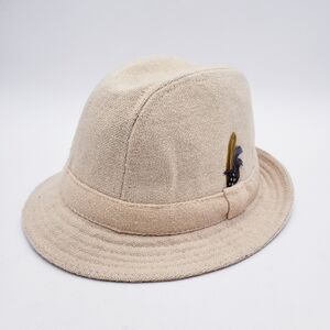 Vintage Donegal Handwoven Wool Tweed Hat Trilby Fedora Cream Feather Size 7 1/4